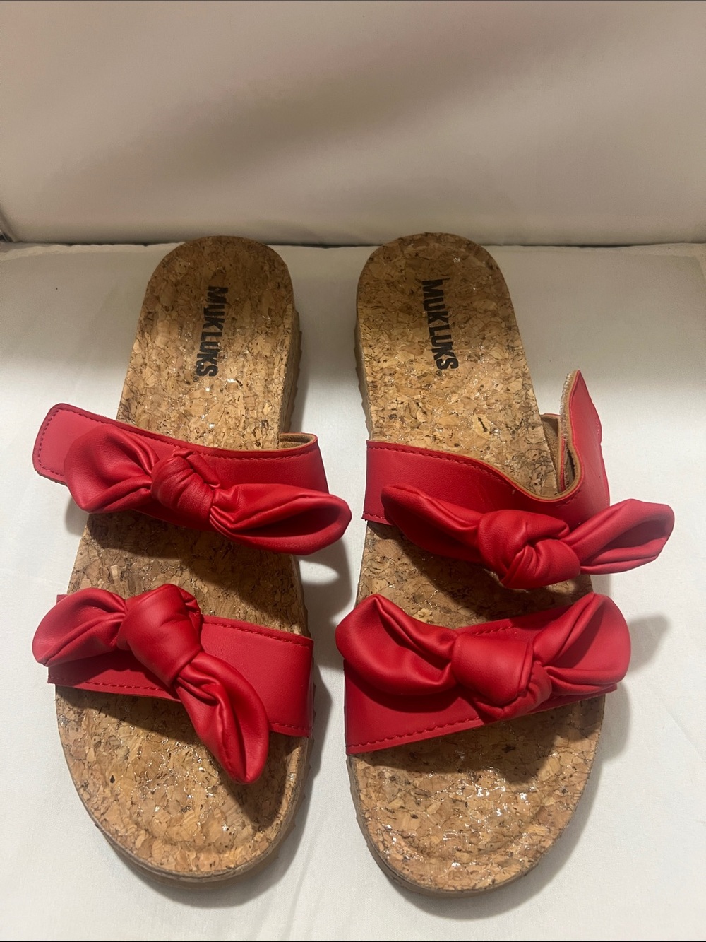 Muk Luks Red Knot-Front Cork Slide Sandals
